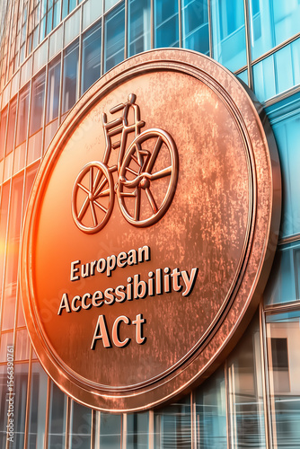 Bronze emblem for the European Accessibility Act on a modern glass building, symbolizing corporate compliance with disability law.