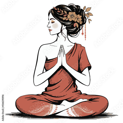 Serene woman with eyes closed in prayer or meditation adorned with flowers and beads in her hair