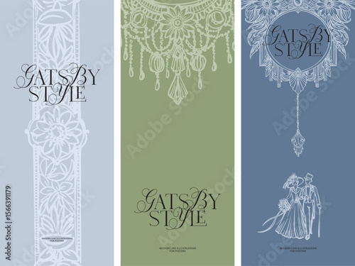 Pre-made background, invitation template, menu, flyer. Modern digital illustration - aesthetic, fancy linear composition for wedding designs, stylized for the era of the twenties of the last century 