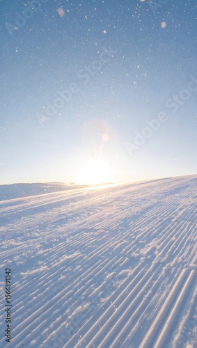 Winter snow landscape with sunlight and blue sky scenic view for travel destination