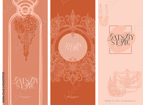 Pre-made background, invitation template, menu, flyer. Modern digital illustration - aesthetic, fancy linear composition for wedding designs, stylized for the era of the twenties of the last century 