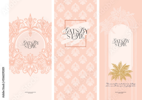Pre-made background, invitation template, menu, flyer. Modern digital illustration - aesthetic, fancy linear composition for wedding designs, stylized for the era of the twenties of the last century 