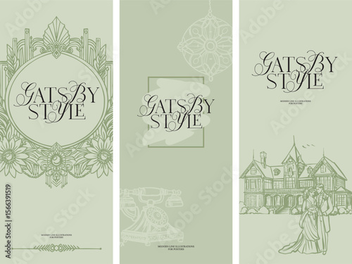 Pre-made background, invitation template, menu, flyer. Modern digital illustration - aesthetic, fancy linear composition for wedding designs, stylized for the era of the twenties of the last century 