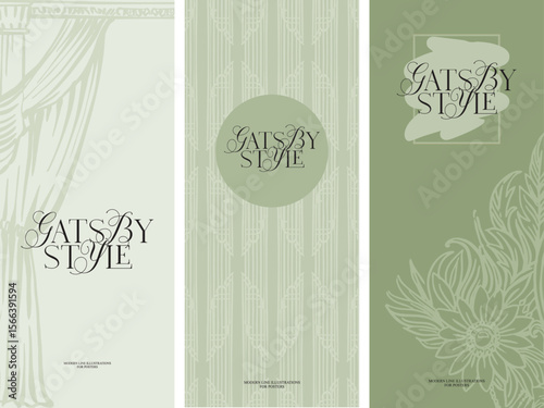 Pre-made background, invitation template, menu, flyer. Modern digital illustration - aesthetic, fancy linear composition for wedding designs, stylized for the era of the twenties of the last century 