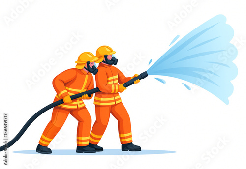 Two brave firefighters wearing protective gear spray water from a fire hose to extinguish flames during an emergency situation.