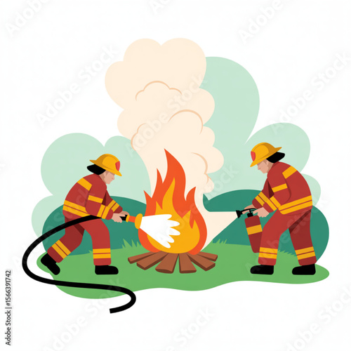Two firefighters extinguishing a dangerous fire, showcasing teamwork, safety, and the importance of fire prevention in a stylized graphic scene.