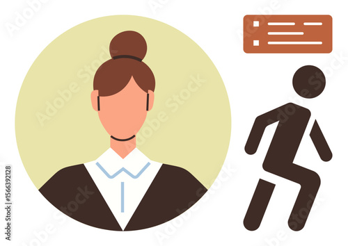 Profile of a woman with tied hair, walking person icon, text box. Ideal for education, leadership, self-presentation, communication, movement career growth design elements. Simple flat metaphor