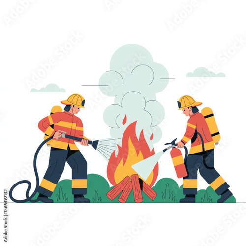 Cartoon depiction shows firefighters working to extinguish a blaze with water and fire extinguisher in a field, demonstrating fire safety and teamwork.