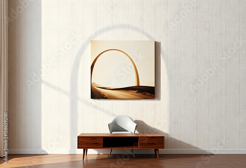 Modern living room with abstract painting of gateway arch and mid century furniture