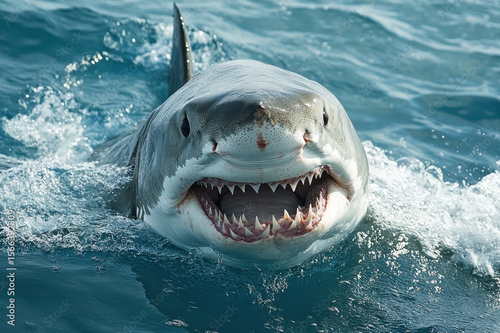 Obraz premium Great white shark with jaws open in attack mode swimming through blue ocean water. Carcharodon carcharias, surfacing with the head out of the water and the mouth wide open off.