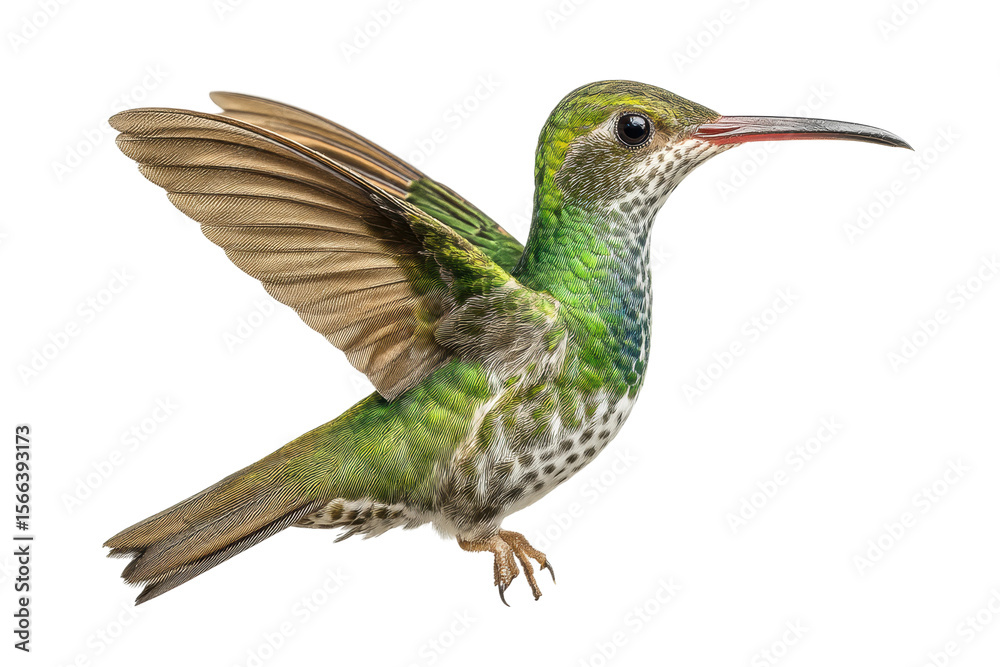 Fototapeta premium PNG Vibrant green hummingbird in mid-flight on black background
