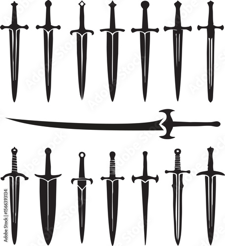 Collection of diverse medieval and historical sword silhouettes and designs on a white background