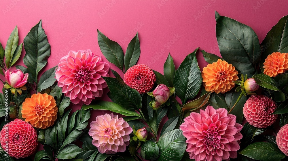 Naklejka premium Arrangement of vibrant dahlias and foliage on a pink background.