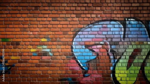 Red brick wall with abstract colorful graffiti mural, urban art pattern, surface exterior design