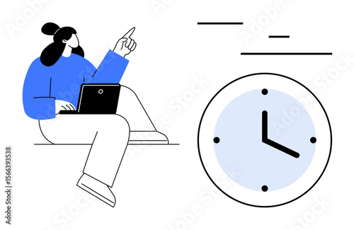 Woman working on laptop while pointing upward near a large clock with minimalist lines. Ideal for productivity, time tracking, time management, scheduling, remote work, focus, simple landing page