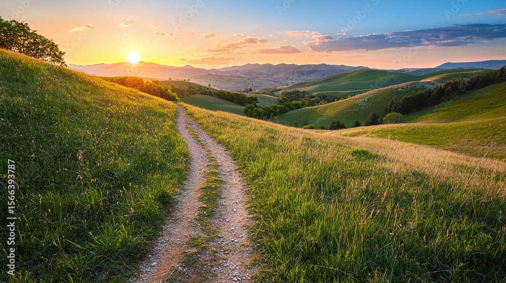 Obraz premium Small path leading into distance through grassy hills against beautiful sunset