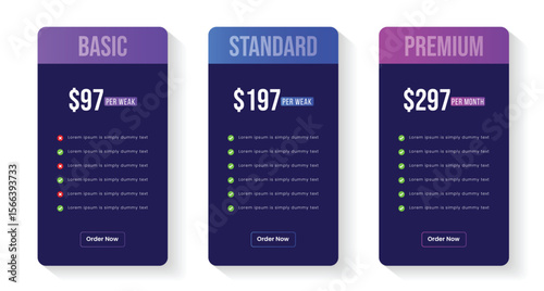 Pricing plans table, pricing chart, price list for web or app. Ui UX pricing design tables with tariffs. Product comparison business web plans. Subscription features checklist and business plans.
