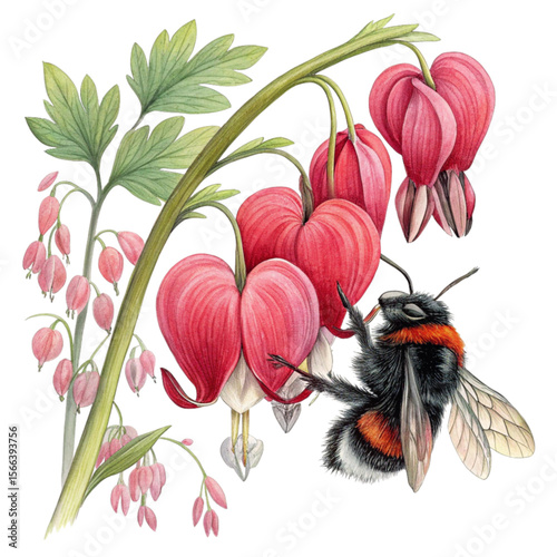 Red and black bumble bee on a bleeding heart on white background