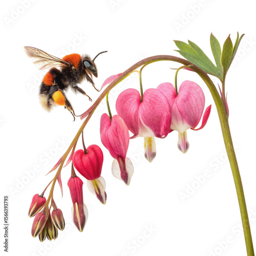 Red and black bee on a bleeding heart on white background 