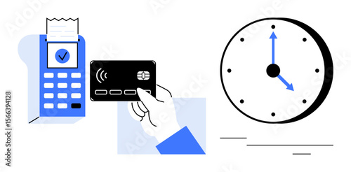 Hand holding card making a contactless payment on terminal with receipt and clock symbolizing time. Ideal for digital payment, speed, ecommerce, technology, banking, efficiency, shopping. Minimal