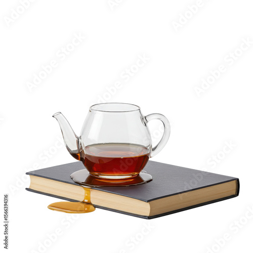 Glass teapot with tea resting on a book and spilled liquid  