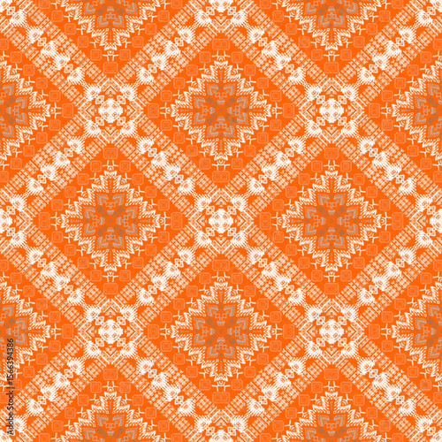 Bright orange geometric pattern featuring intricate diamond shapes and symmetrical designs, creating vibrant and lively visual effect