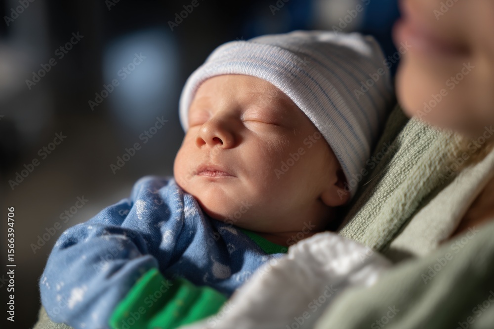 Close-up of a peaceful newborn baby sleeping peacefully in a caregiver's arms wea a cozy beanie and warm clothes, indoor setting Close-up of a peaceful newborn baby sleeping peacefully in a caregiver's arms wea a cozy beanie and warm clothes, indoor setting
