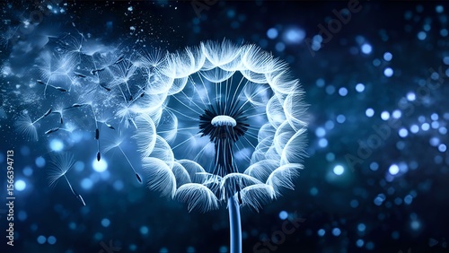 Ephemeral beauty: A dandelion dispersing its seeds in a cosmic blue space.