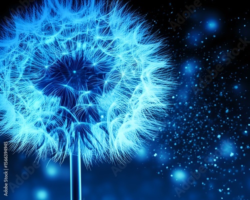 Glowing blue dandelion with seeds floating away into a starry night sky effect.