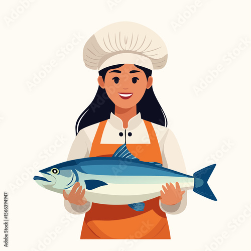 Smiling Female Chef Holding Fresh Catch of Fish