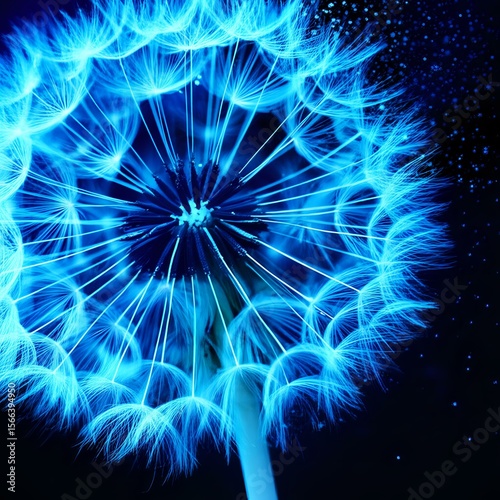 Glowing blue dandelion seed head against a dark background, close-up macro shot.
