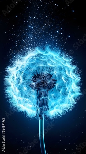 Ethereal Dandelion: A cosmic bloom of light in a sparkling night sky canvas.