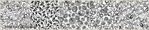 Set of seamless patterns with nuts. Almonds, hazelnuts, cashews, walnuts, peanut, Brazil nut in engraving style. Nut superfood print