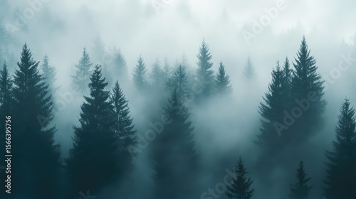 photorealistic misty pine trees