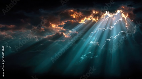 Dramatic sun rays breaking through dark clouds teal and orange colors