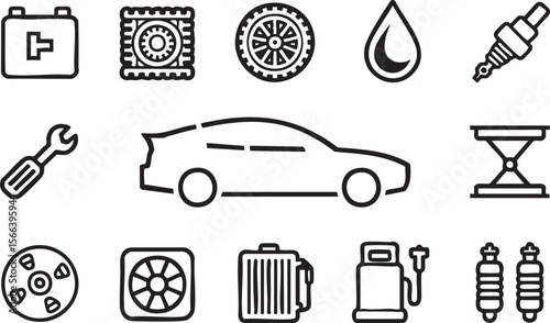 Collection of car parts and automotive service icons in a simple line art style