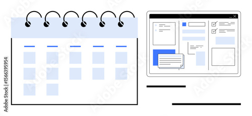 Spiral-bound calendar and digital task dashboard for productivity tools, scheduling, teamwork, reminders. Ideal for organization, planning, workflow, task tracking, deadlines collaboration simple