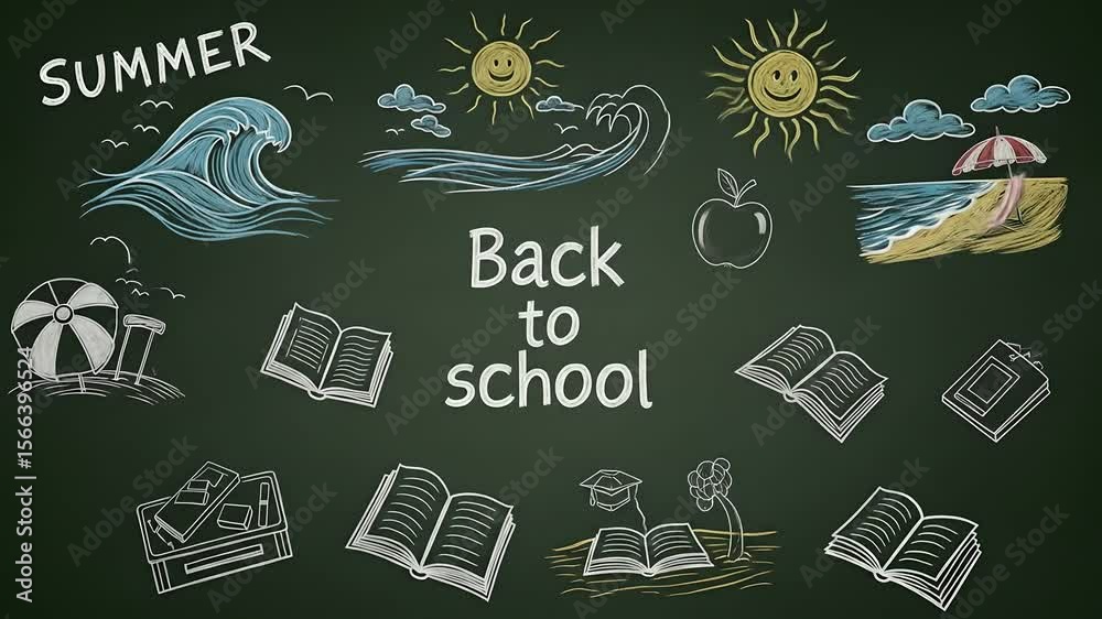 Back to school blackboard design with summer drawings transforms into educational symbols. Ideal for promotion, animation, presentations, teaching resources, event visuals.