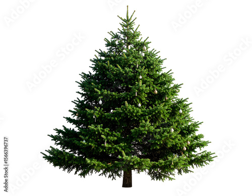 A classic holiday fir tree, lush and green, gently decorated with delicate, shimmering baubles.