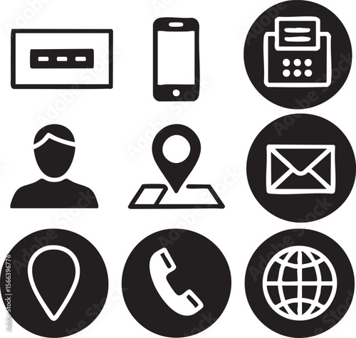 Collection of nine black and white icons representing contact information and communication methods