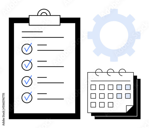 Clipboard with completed checklist, calendar with marked dates, and gear signify planning, organization, and efficiency. Ideal for productivity, workflow, scheduling, project planning goal setting
