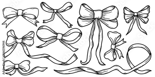 Hand drawn bows and ribbons doodle style vector set. silk bows for gifts, present knots and wrap pack isolated on white background