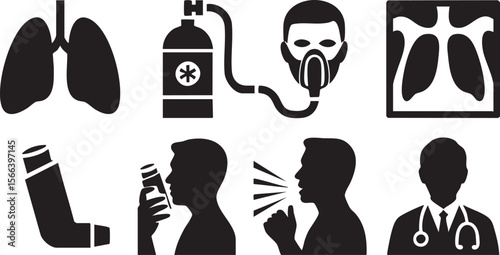 Set of medical icons representing respiratory health asthma treatment and medical care