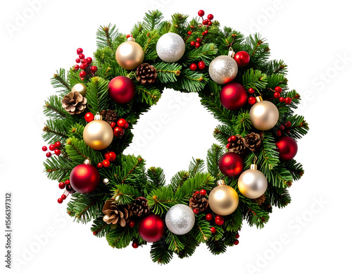 This festive Christmas wreath, richly adorned with glittering ornaments and natural elements, celebrates the holiday