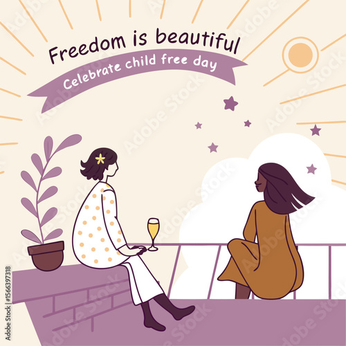 Two women enjoy a carefree rooftop moment, celebrating Childfree Day with drinks and a view.