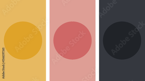 Three vertical panels each with a solid color background and a circle in a similar hue centered