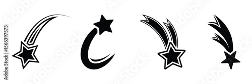 Shooting stars icon vector set. Black falling stars icon. Meteorite and comet symbols. Abstract silhouette of shooting star. Vector illustration. EPS 10