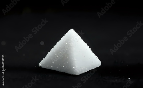 A minimalist still life of a single sugar cube pyramid against a black background.