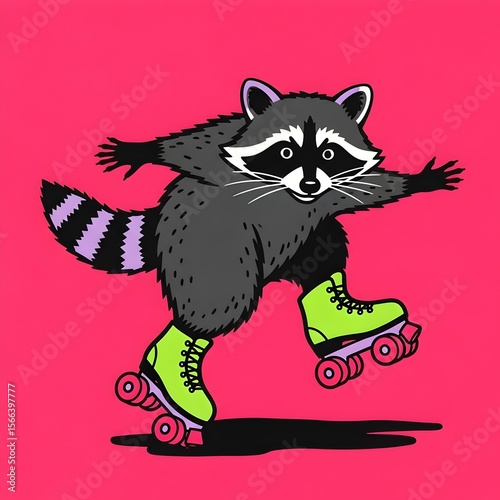 Illustration of a raccoon on roller skates. modern block printing, risograph, roller skating, printmaking style, modern illustration, character design, stylized animal, vibrant colors, textured print