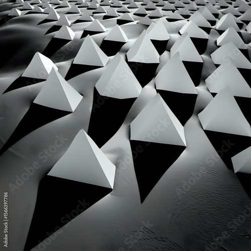 Abstract landscape featuring repeating geometric pyramids with stark shadows, monochrome.